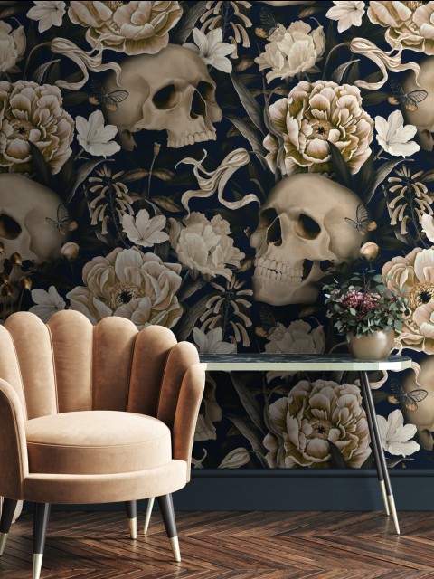 Gothic Floral and Skulls Pattern Wallpaper Mural