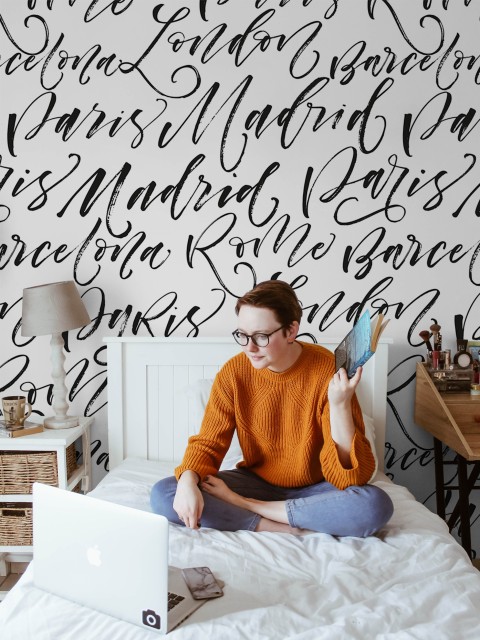 Calligraphy Cities Black and White Wallpaper Mural