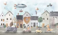 Storybook Village Playful Animals Wallpaper Mural