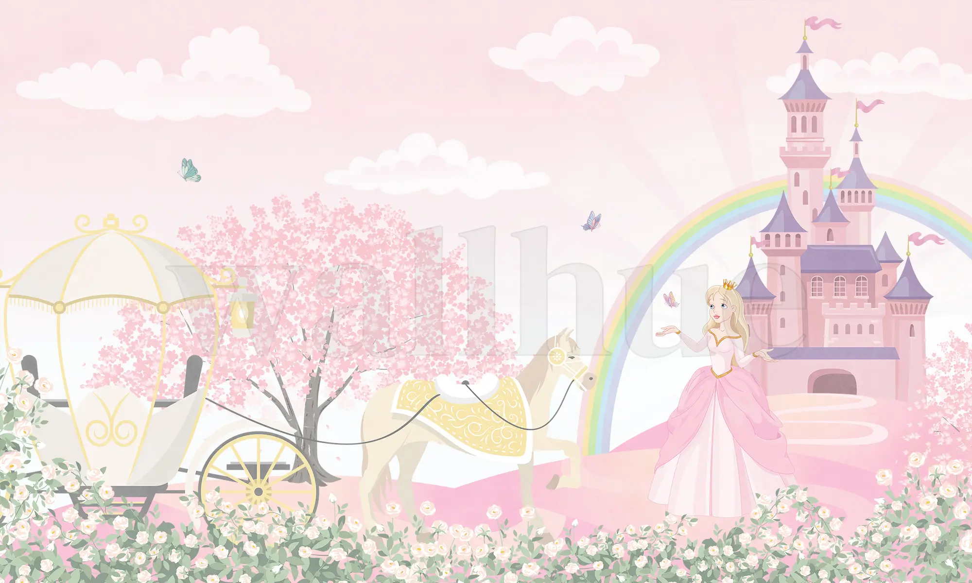Pink Blossoms and Princess Castle Wallpaper Mural