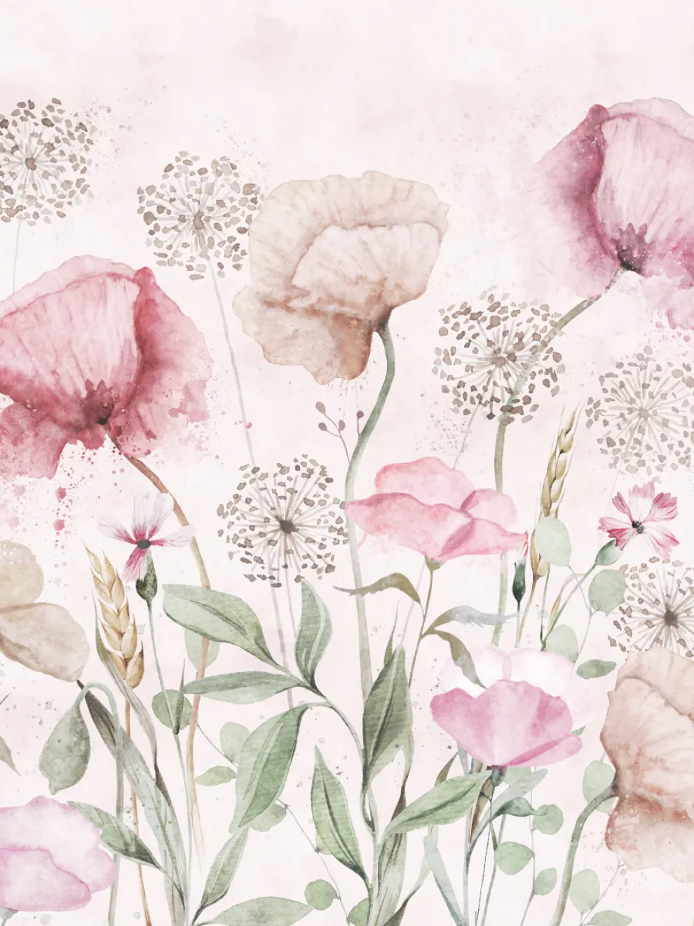 Delicate Watercolor Poppies Blooms Wallpaper Mural