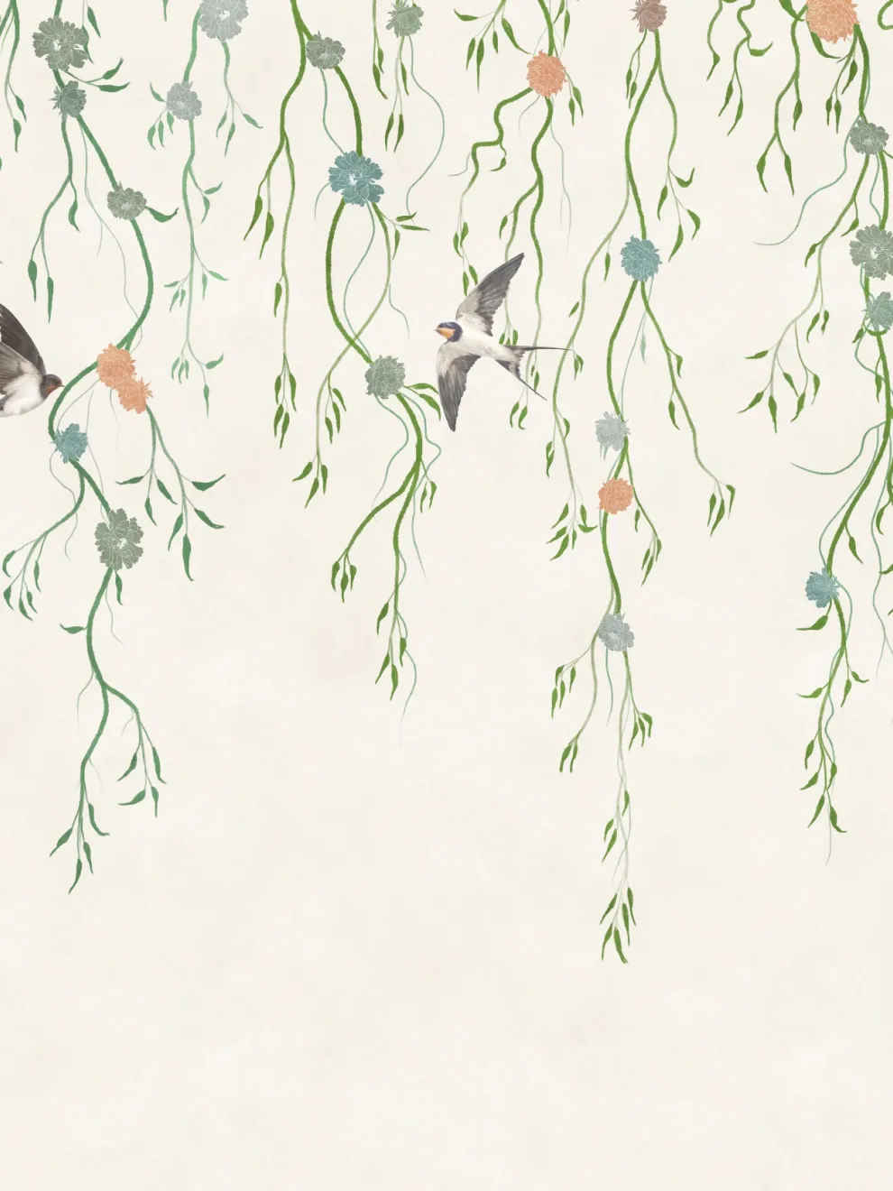 Floral Cascade and Birds Wallpaper Mural