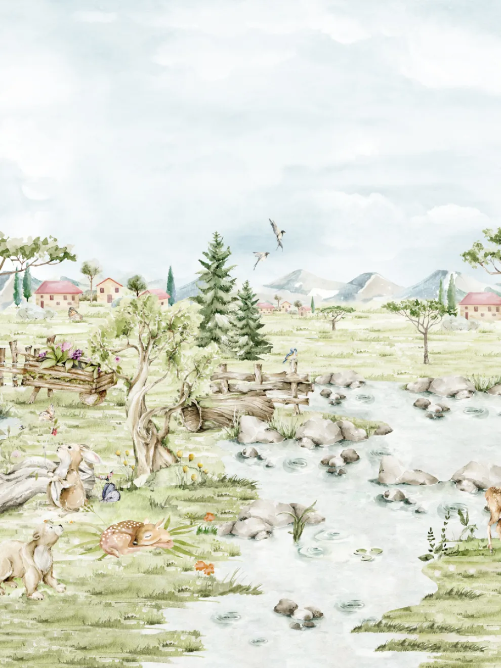 Serene Pastoral Landscape with Animals Wallpaper