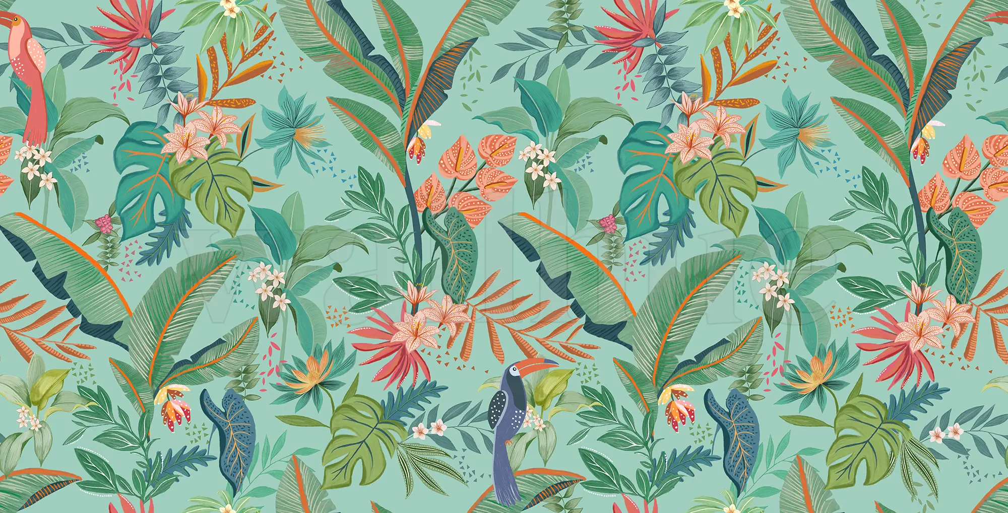 Tropical Paradise and Exotic Birds Wallpaper Mural
