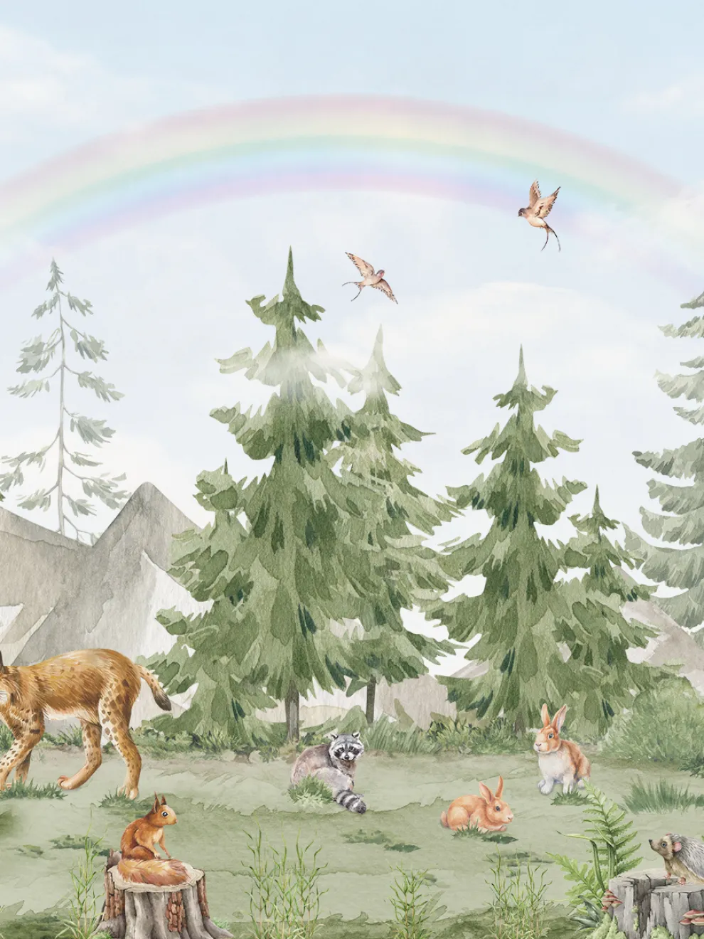Whimsical Forest Wildlife with Rainbow Kids Wallpaper Mural