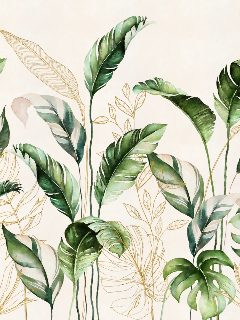 Botanical Watercolor Leaves Elegant Wallpaper Mural