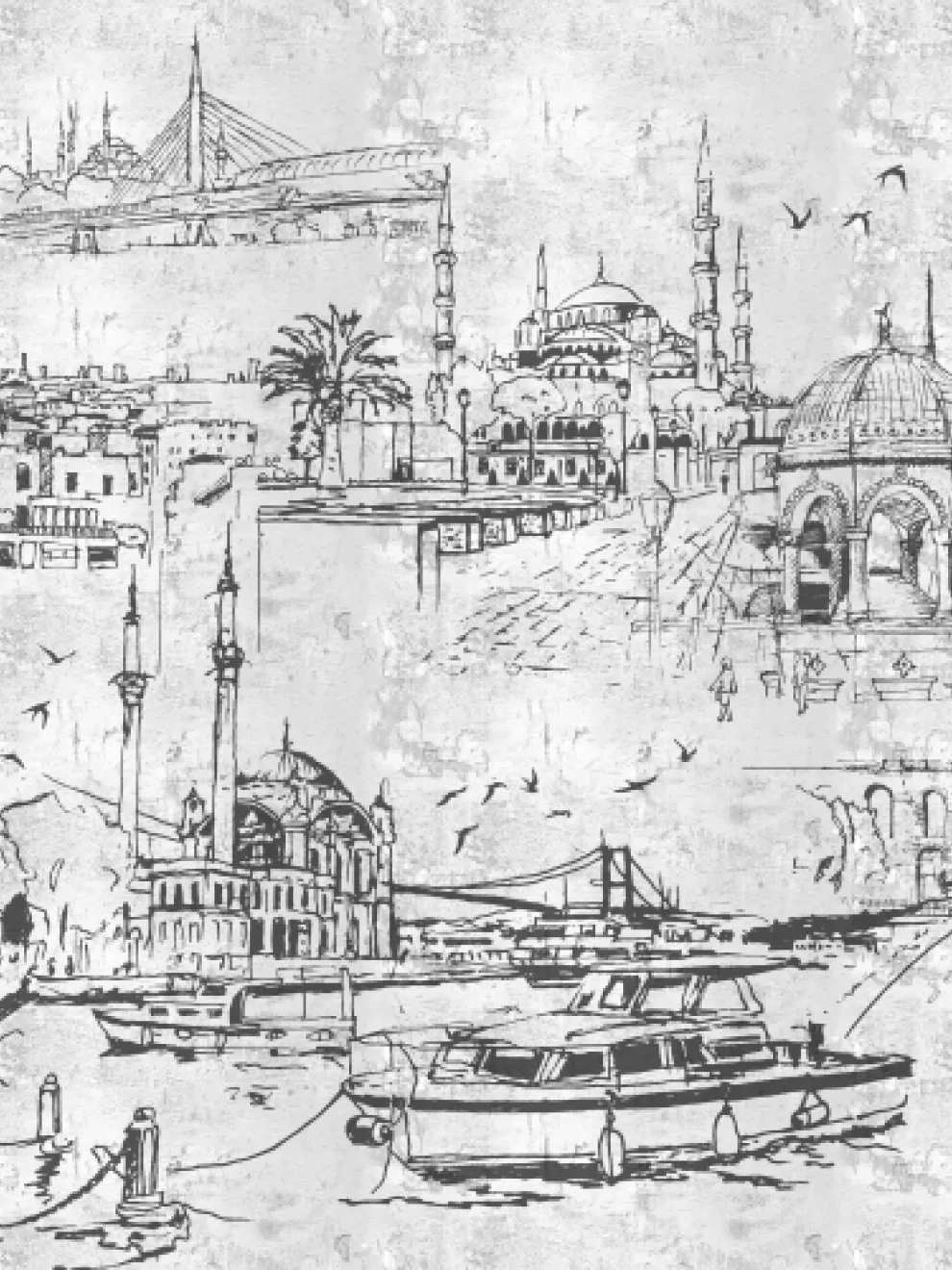 Vintage Cityscape Sketch Wallpaper Mural