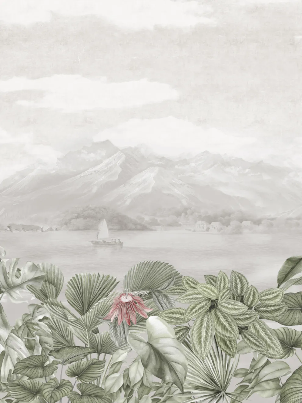Serene Botanical Mountain Landscape Wallpaper Mural
