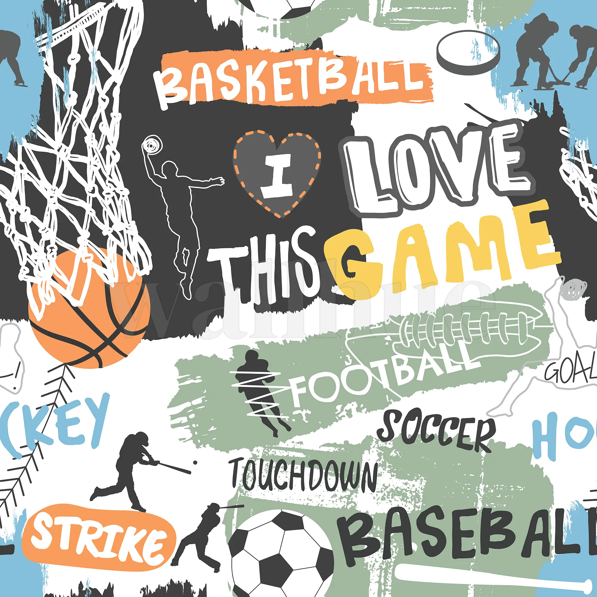 Youthful Sports Basketball Football Pattern Wallpaper Mural