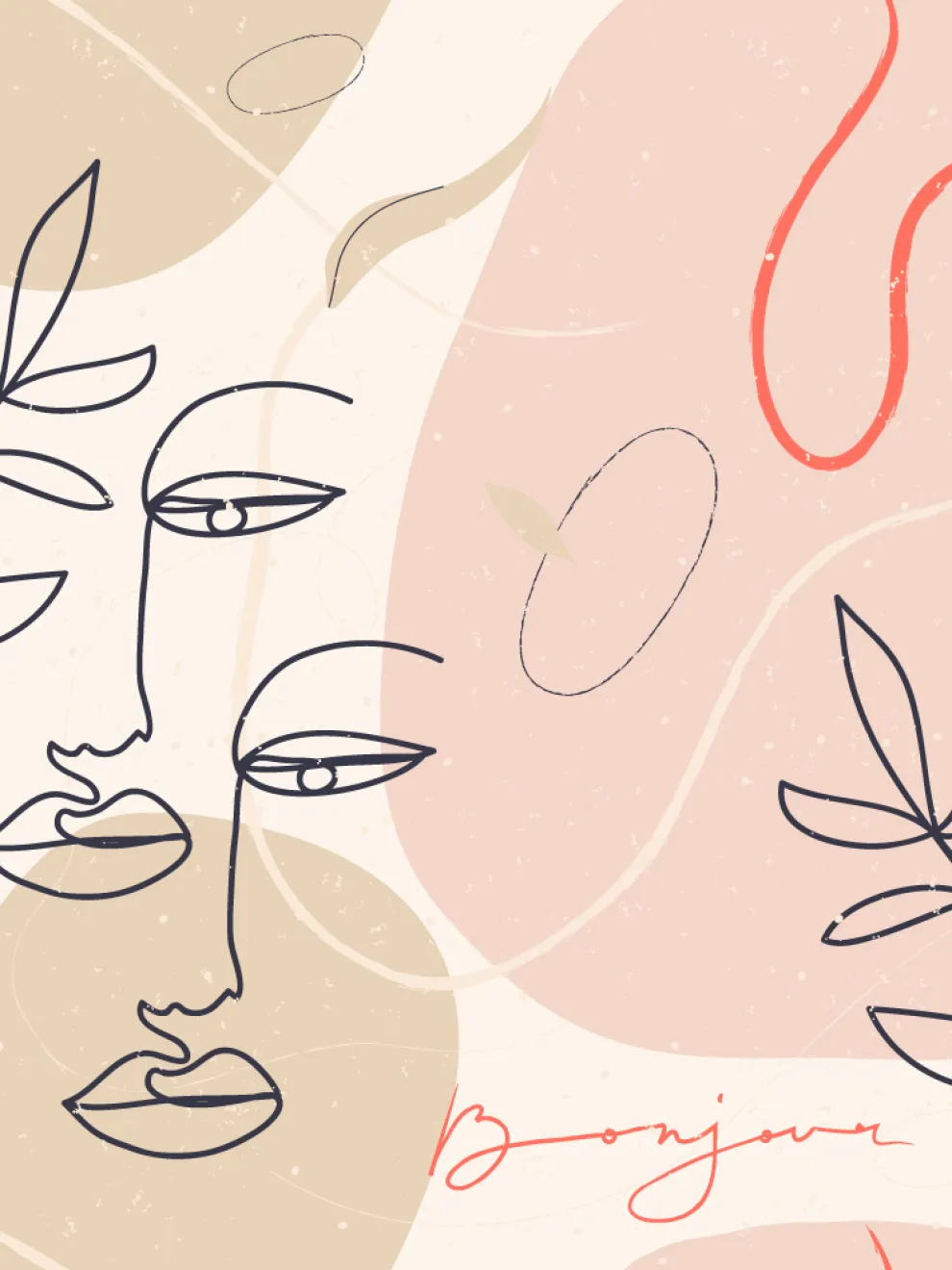 Modern Artistic Faces and Leaves Pattern Wallpaper Mural