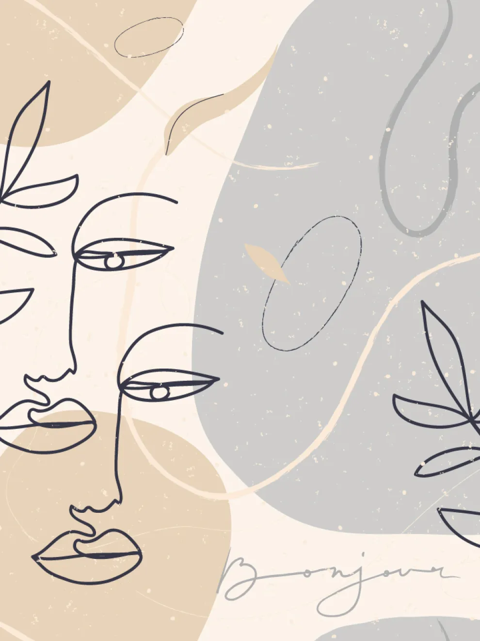 Modern Artistic Faces and Leaves Pattern Wallpaper Mural