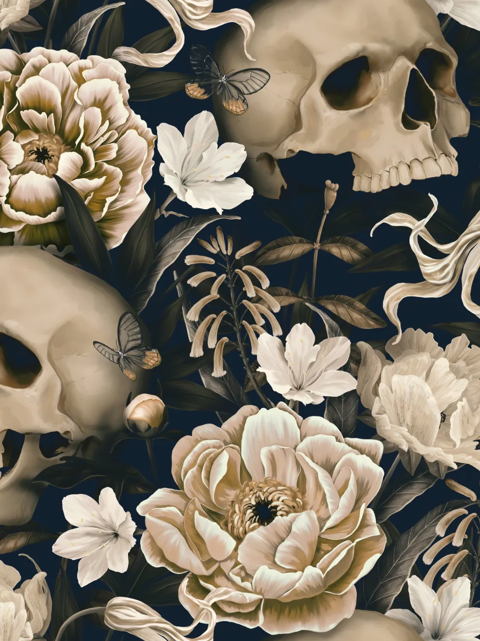 Gothic Floral and Skulls Pattern Wallpaper Mural