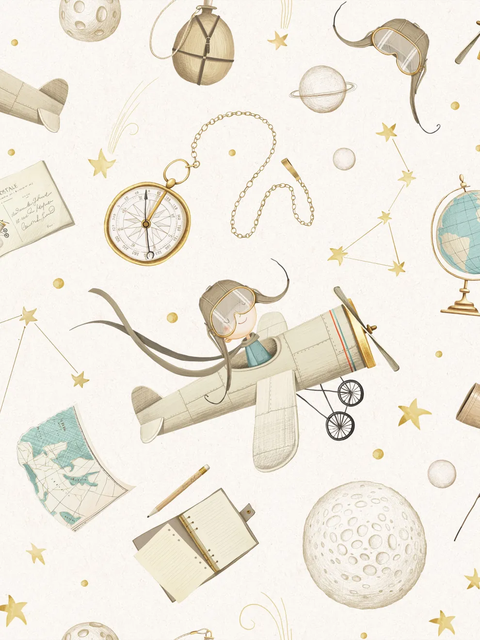 Whimsical Kids Watercolor Airplane with Stars Wallpaper Mural