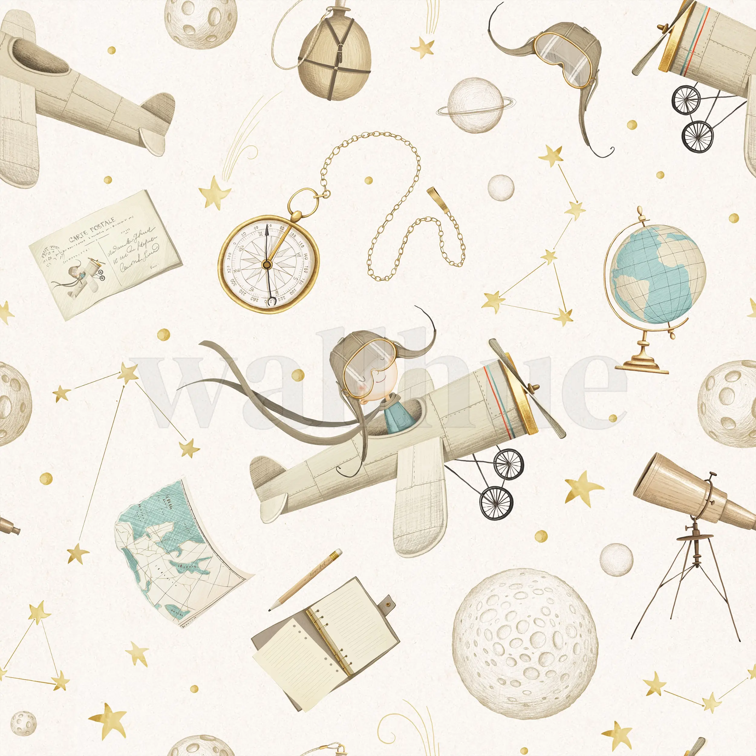 Whimsical Kids Watercolor Airplane with Stars Wallpaper Mural