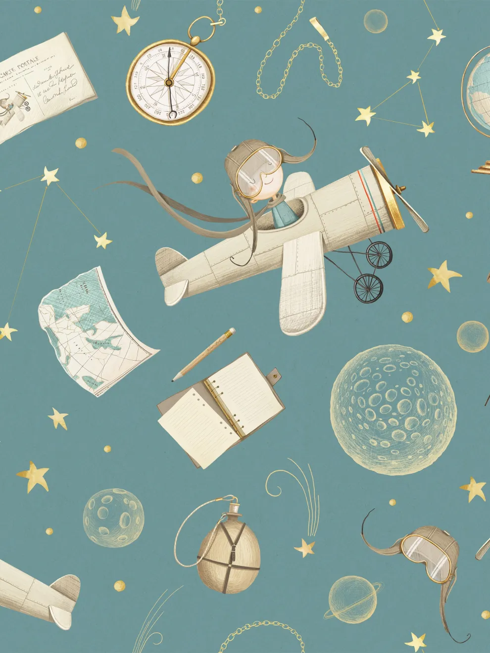 Whimsical Kids Watercolor Airplane with Stars Wallpaper Mural