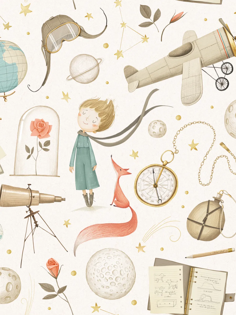 Dreamy Watercolor Nursery Airplane with Stars Wallpaper Mural
