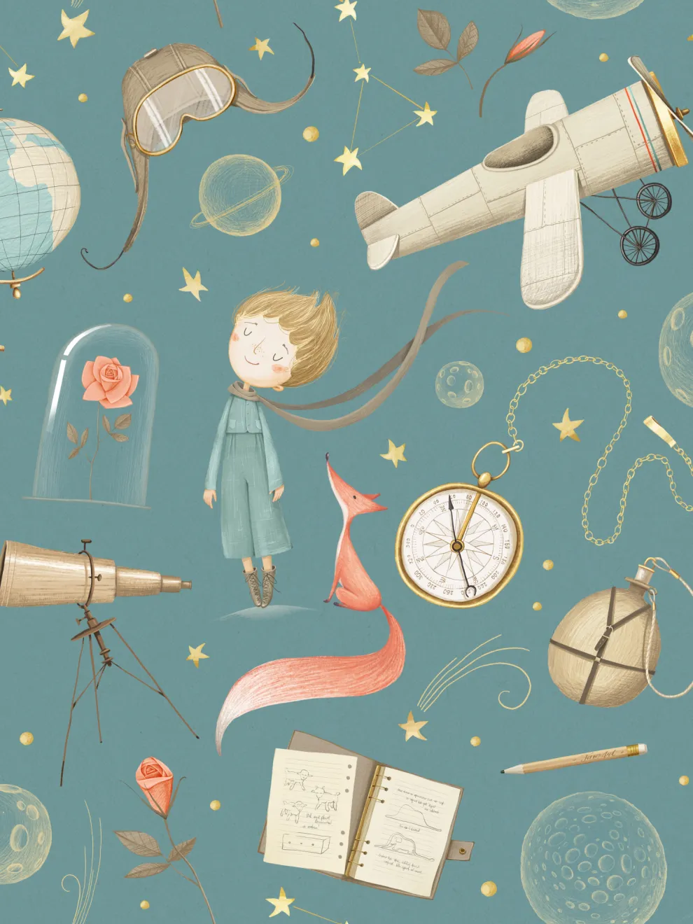 Dreamy Watercolor Nursery Airplane with Stars Wallpaper Mural