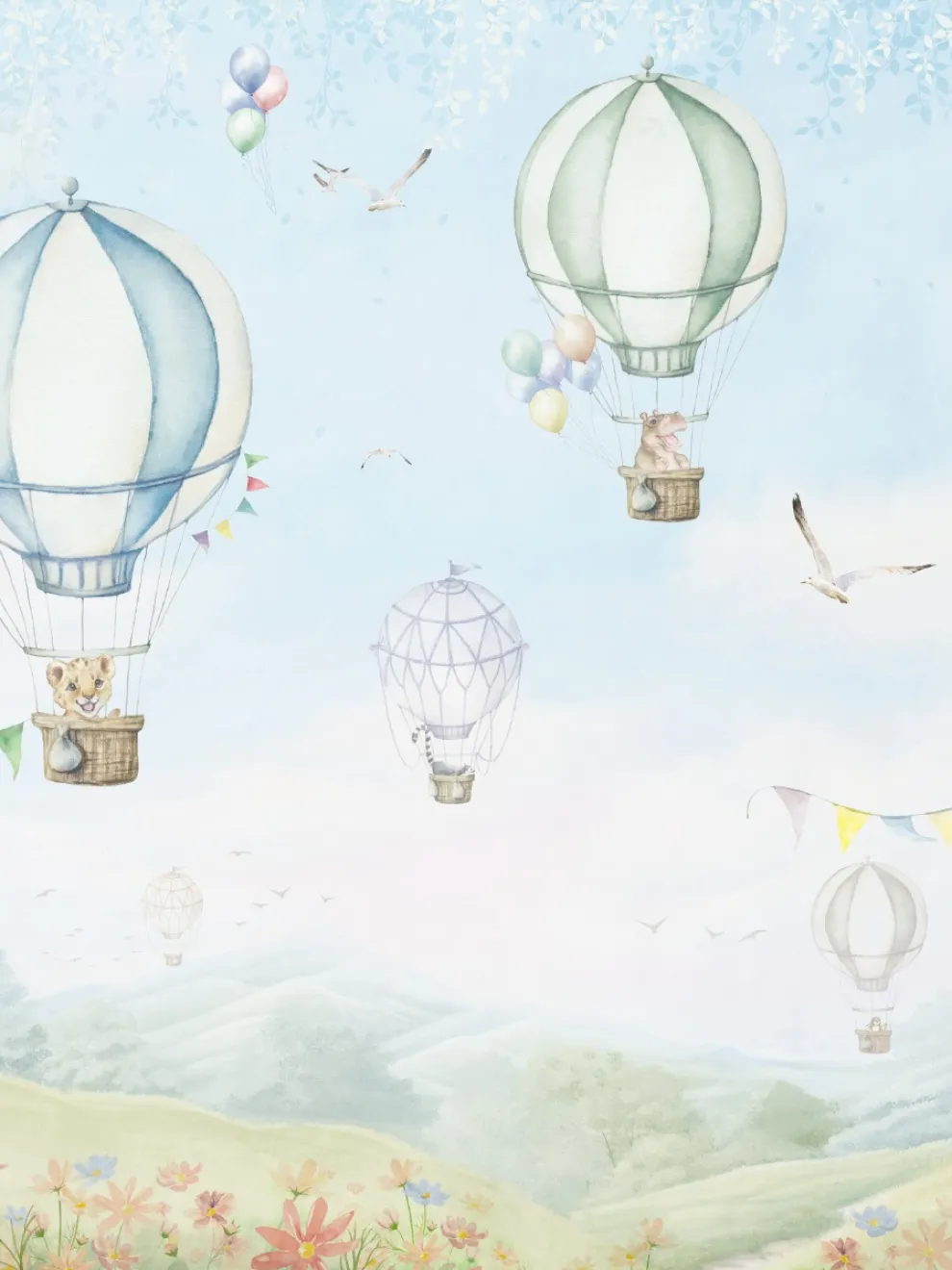 Cute Hot Air Balloon and Animals Wallpaper Mural
