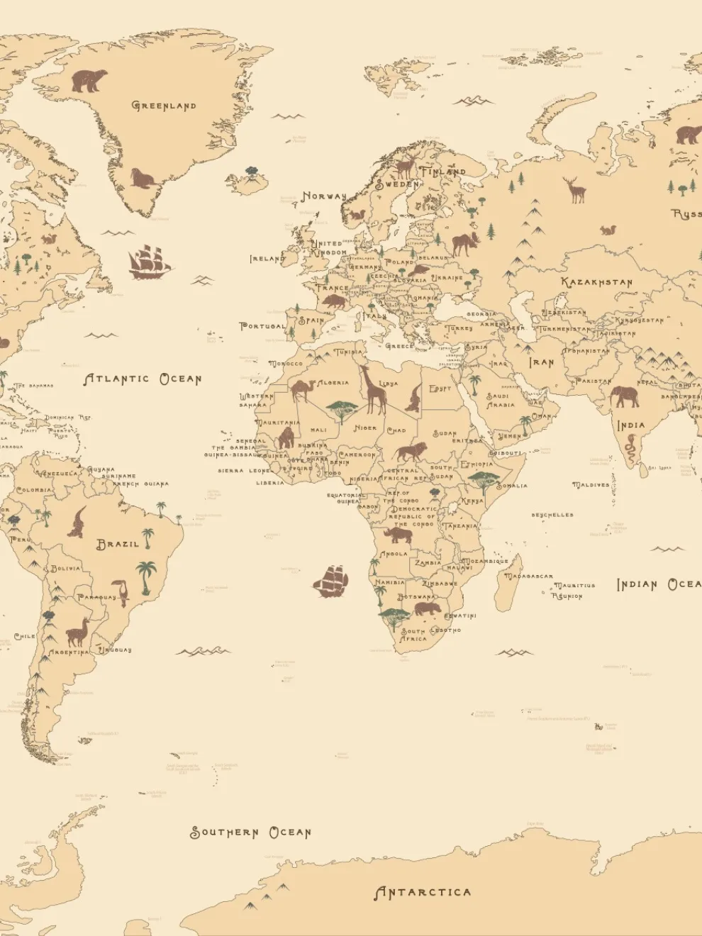 Safari Adventure World Map Kids Wallpaper Mural