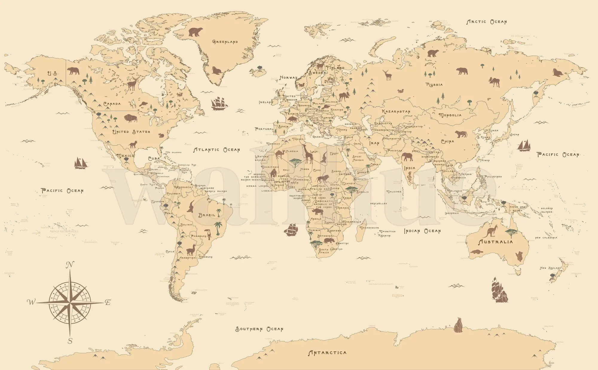 Safari Adventure World Map Kids Wallpaper Mural