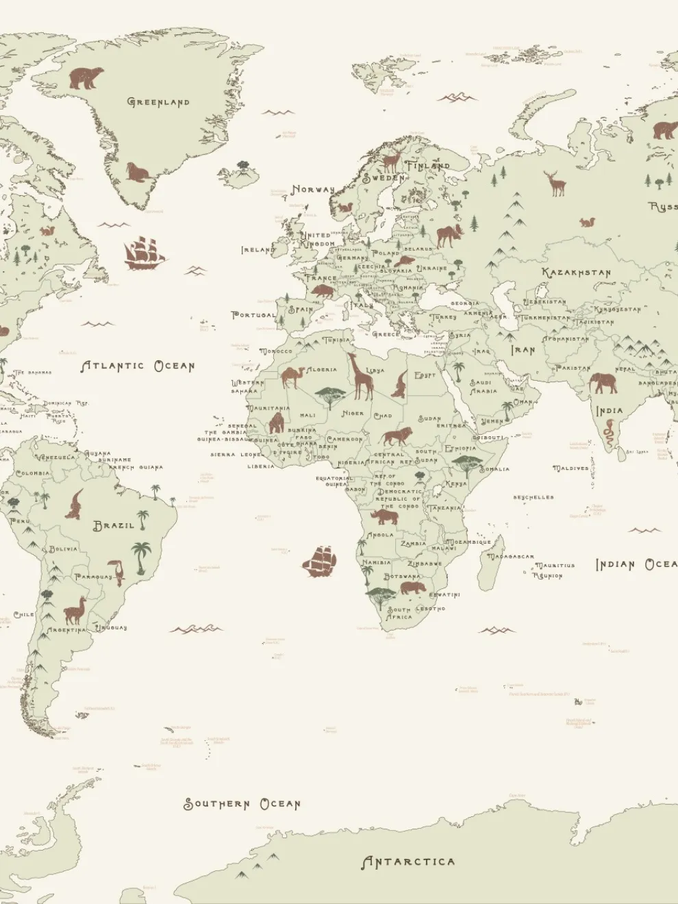 Safari Adventure World Map Kids Wallpaper Mural