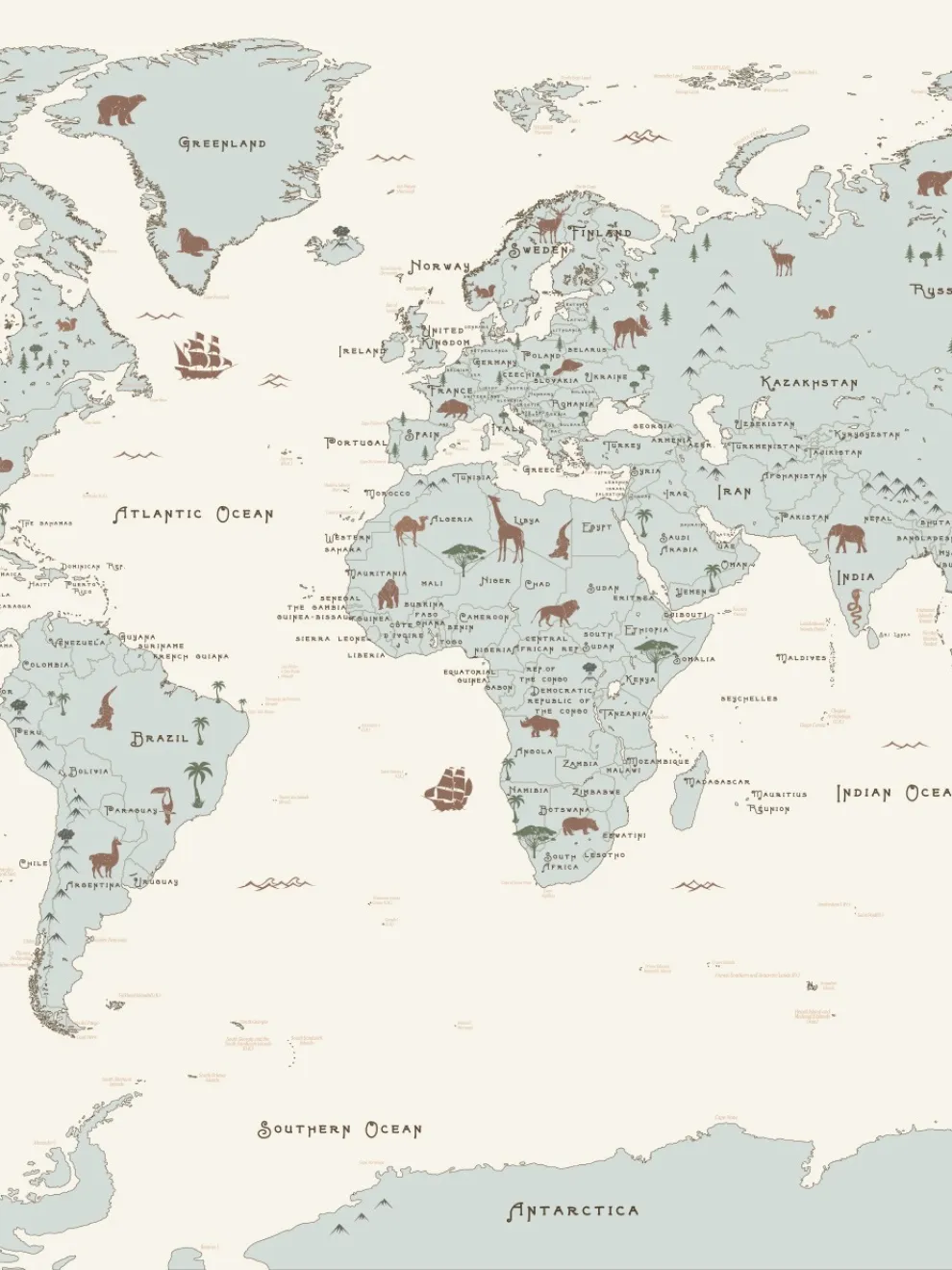 Safari Adventure World Map Kids Wallpaper Mural