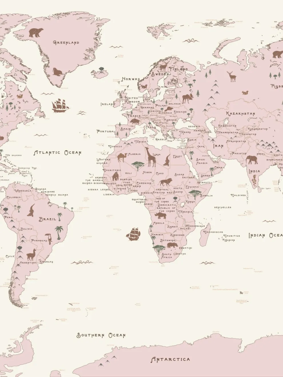 Safari Adventure World Map Kids Wallpaper Mural