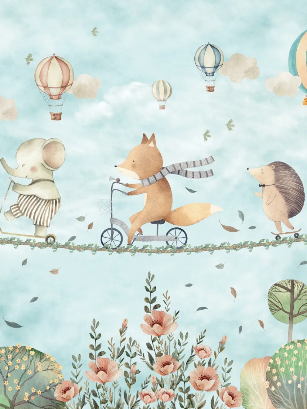 Whimsical Woodland Animals and Balloons Wall Mural