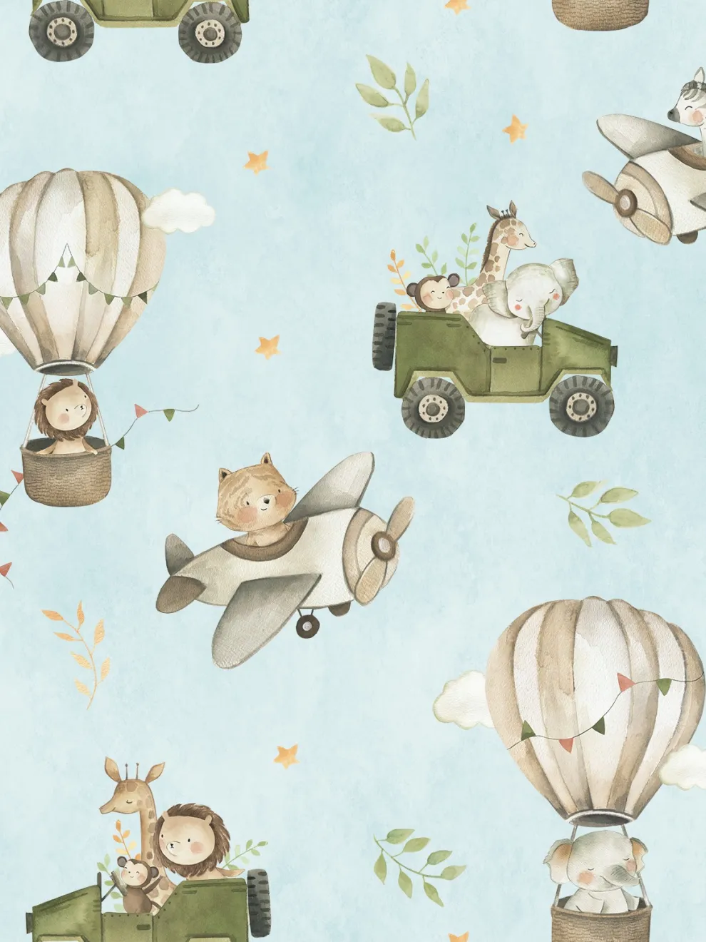 Kids Cute Cartoon Animals in Planes Pattern Wallpaper Mural