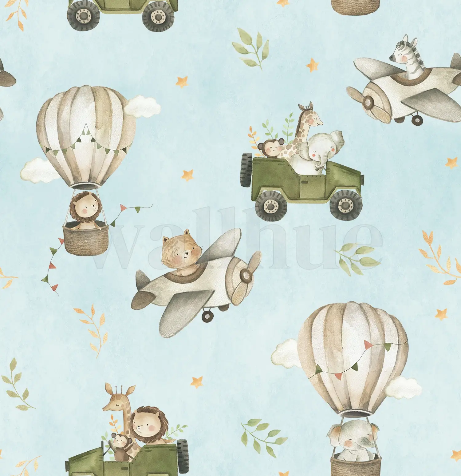 Kids Cute Cartoon Animals in Planes Pattern Wallpaper Mural