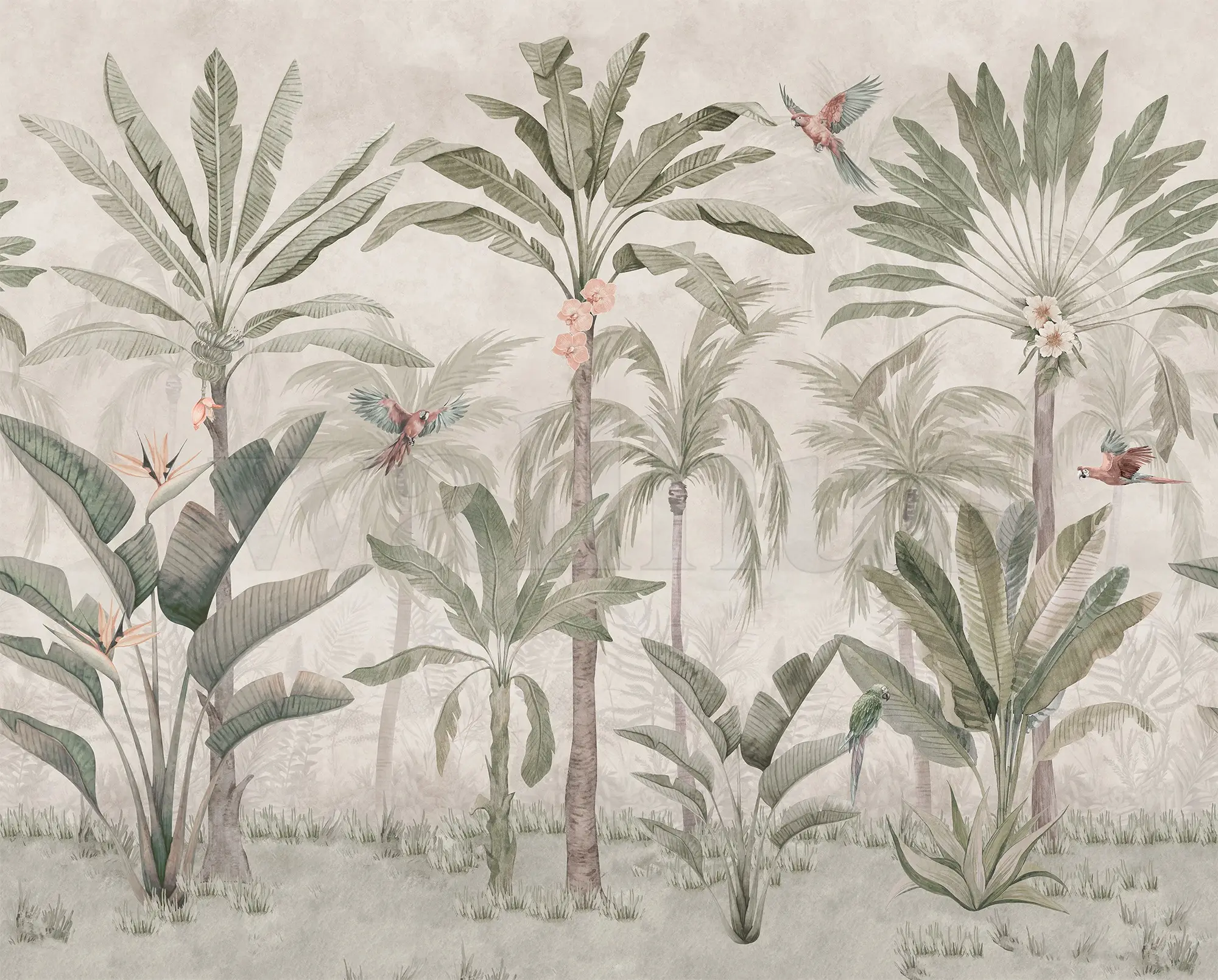 Tropical Palm Trees and Parrots Wallpaper Mural