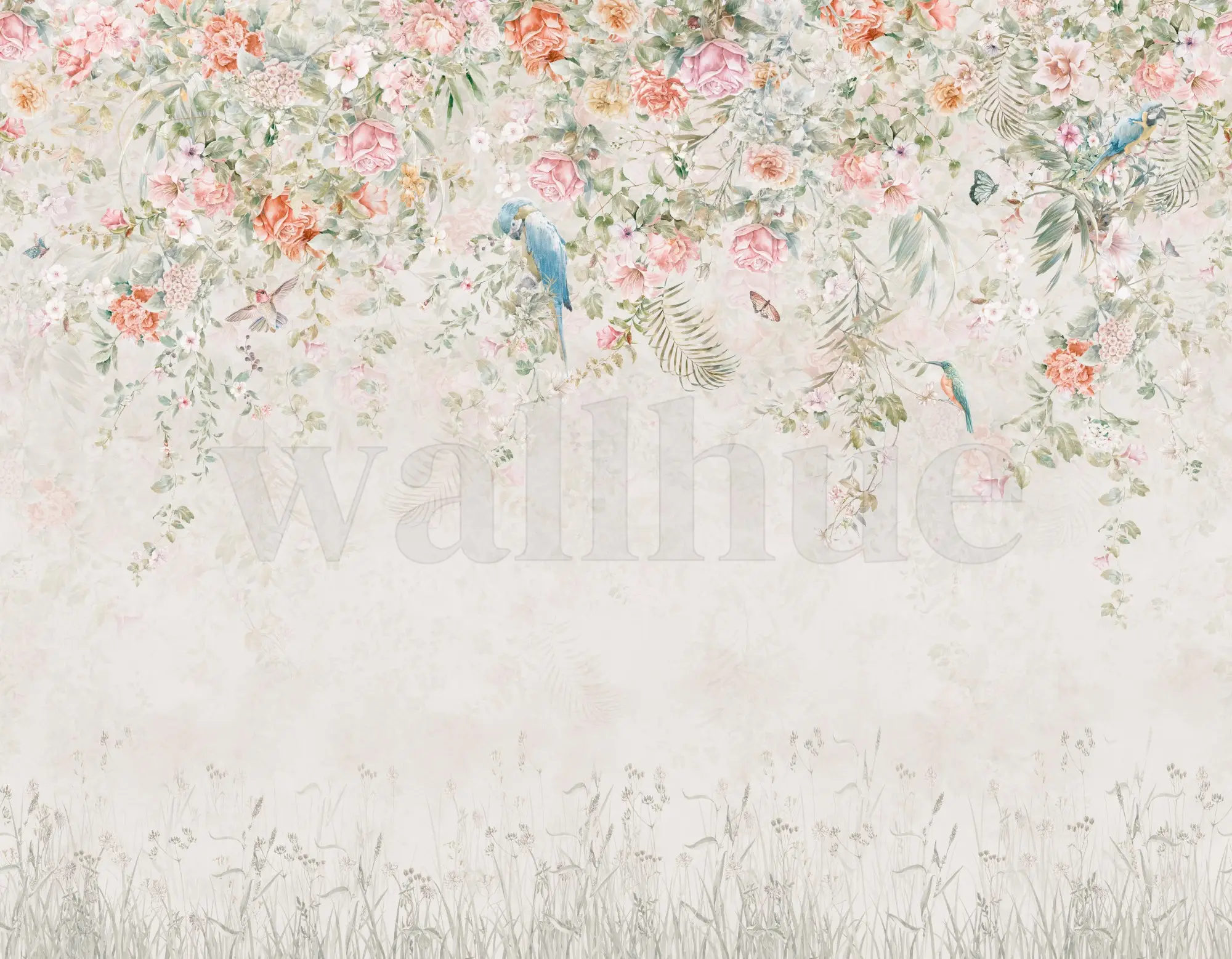 Colorful Ivy Floral and  Birds Wallpaper Mural