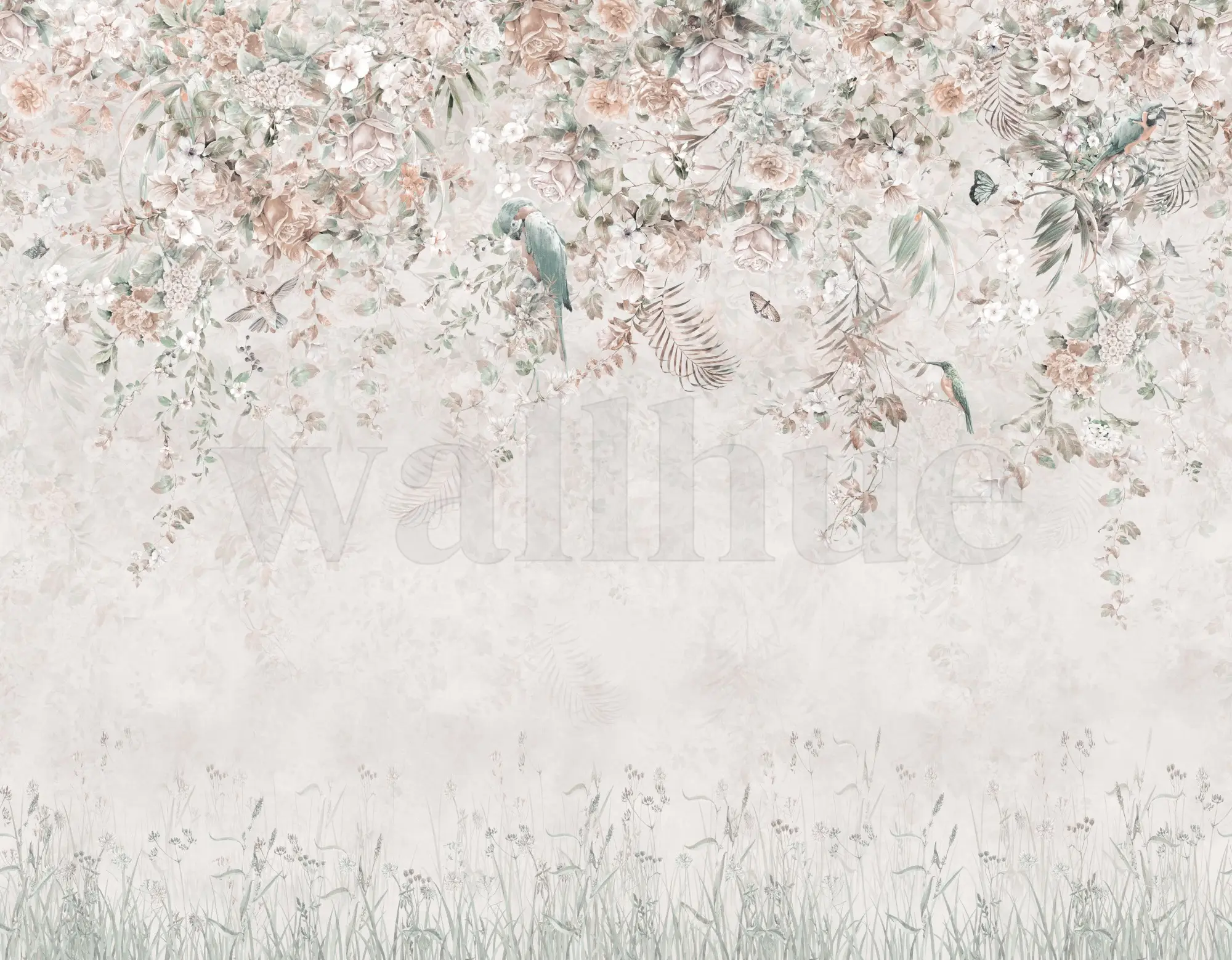 Whimsical Ivy Floral and  Birds Wallpaper Mural