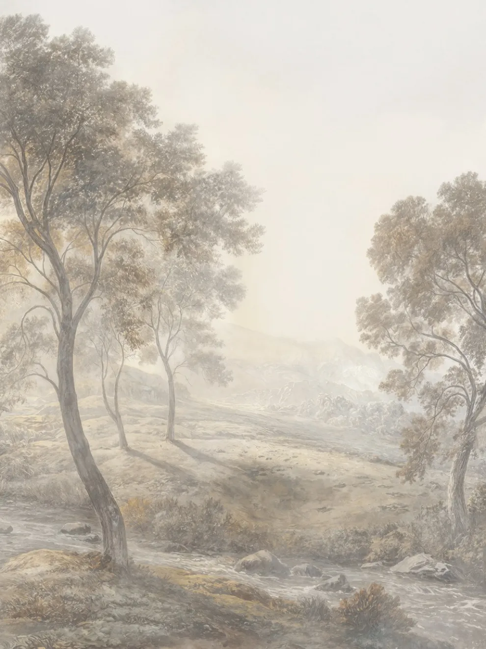Serene Misty Mountain and River Landscape Wall Mural