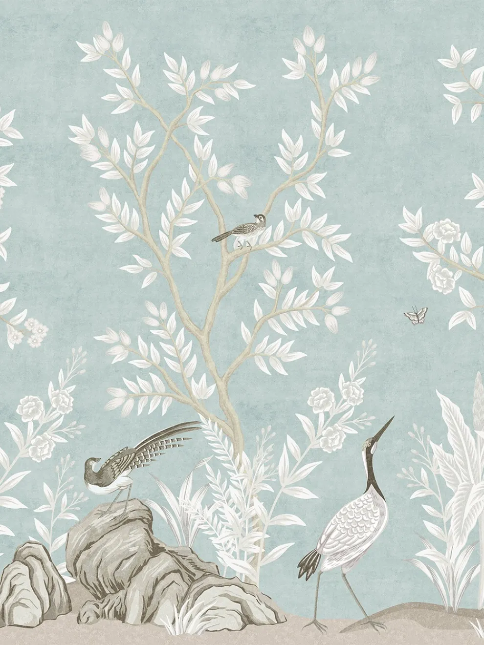 Elegant Chinoiserie Birds and Leaves Wallpaper Mural
