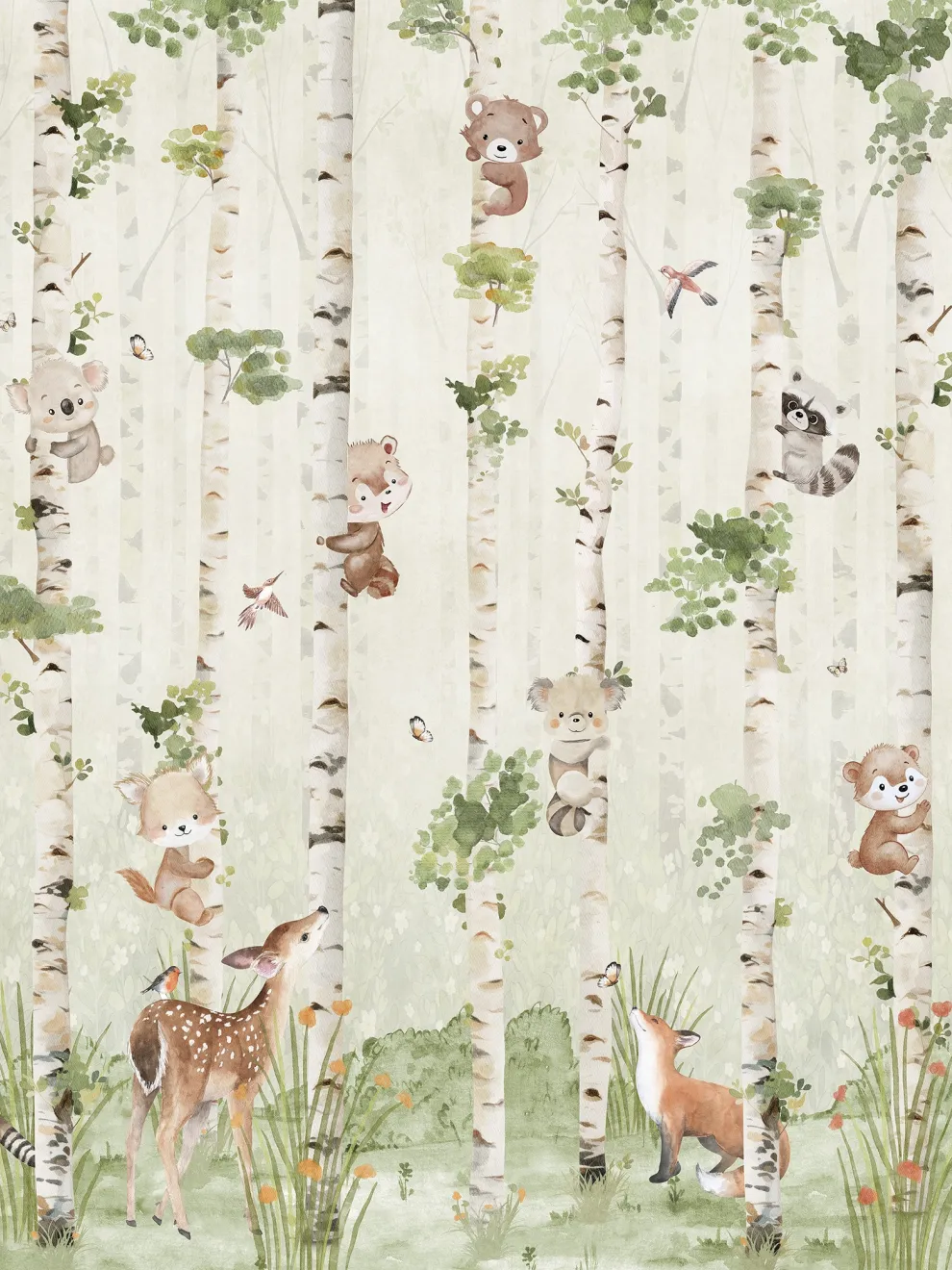 Cute Animals and Birch Tree Kids Wallpaper