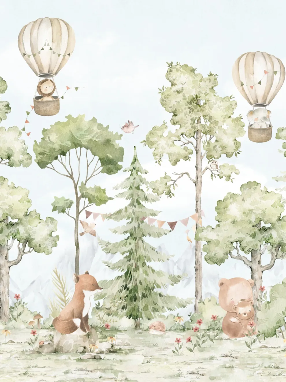 Cute Forest Animals with Balloon Wallpaper Mural